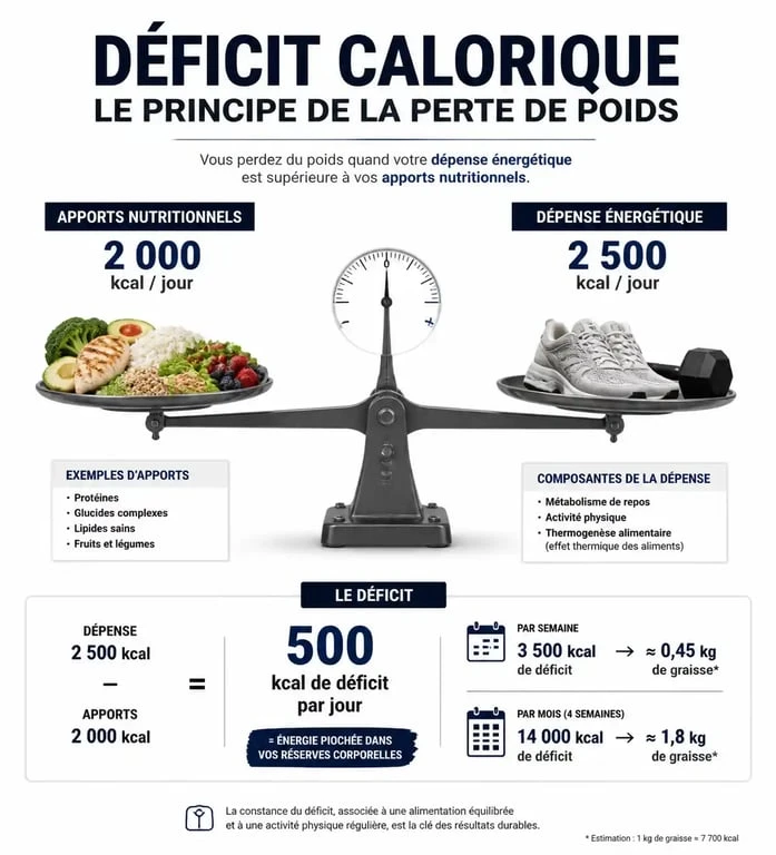 Infographie sur le mécanisme du déficit calorique pour maigrir vite et bien