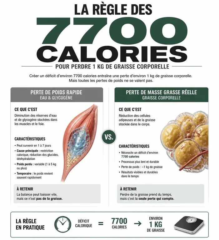 Infographie expliquant la règle des 7700 calories pour perdre 3 kg par semaine et la différence entre perte d'eau et perte de gras
