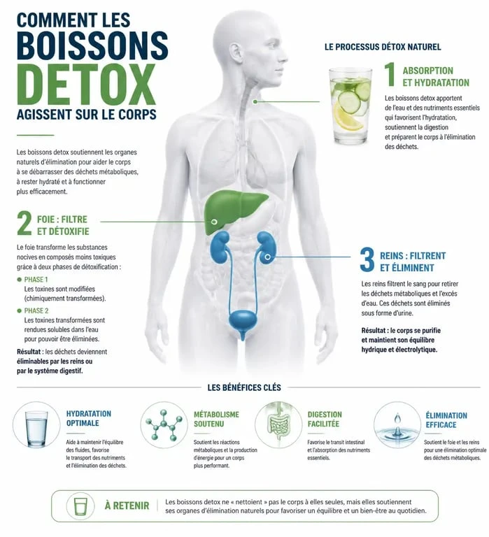Infographie explicative sur le fonctionnement des boissons detox pour maigrir et leur impact sur le métabolisme et les organes émonctoires