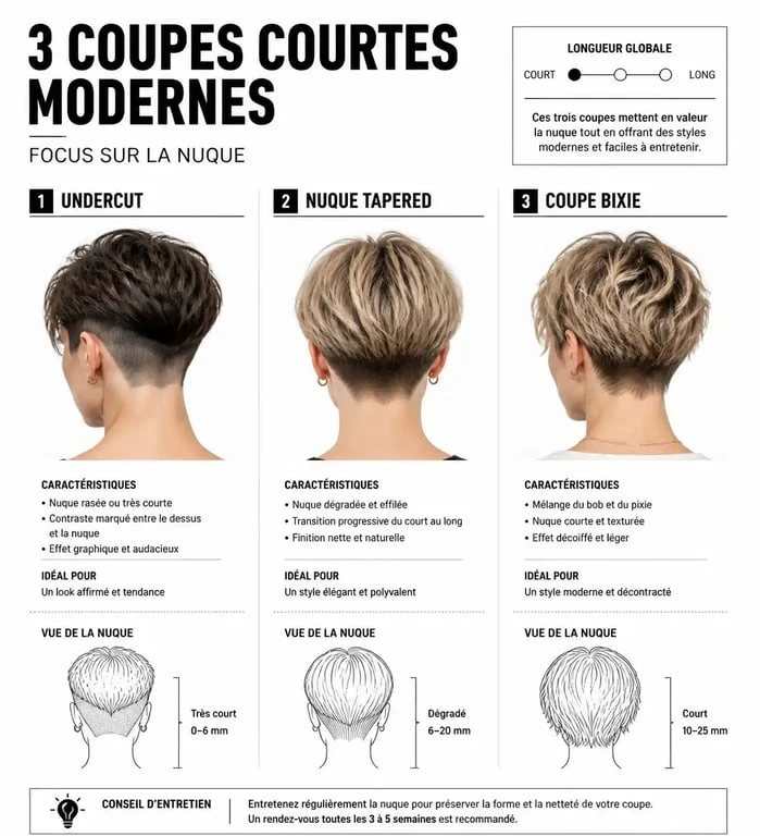 Différents styles de nuque pour coupe courte femme moderne : undercut, effilé et bixie.