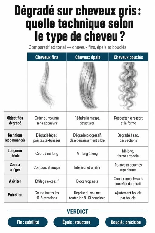 Infographie des techniques de coupe cheveux gris dégradé selon la texture du cheveu