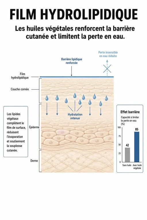 Schéma explicatif du mécanisme de l'hydratation de la peau et comment hydrater sa peau sans crème avec des huiles végétales.