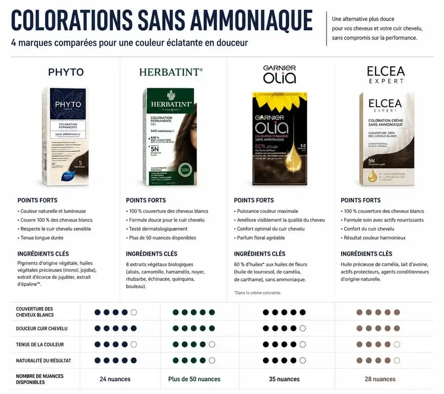 Infographie comparative des meilleures colorations cheveux sans ammoniaque : Phyto, Herbatint, Garnier Olia et Elcea.