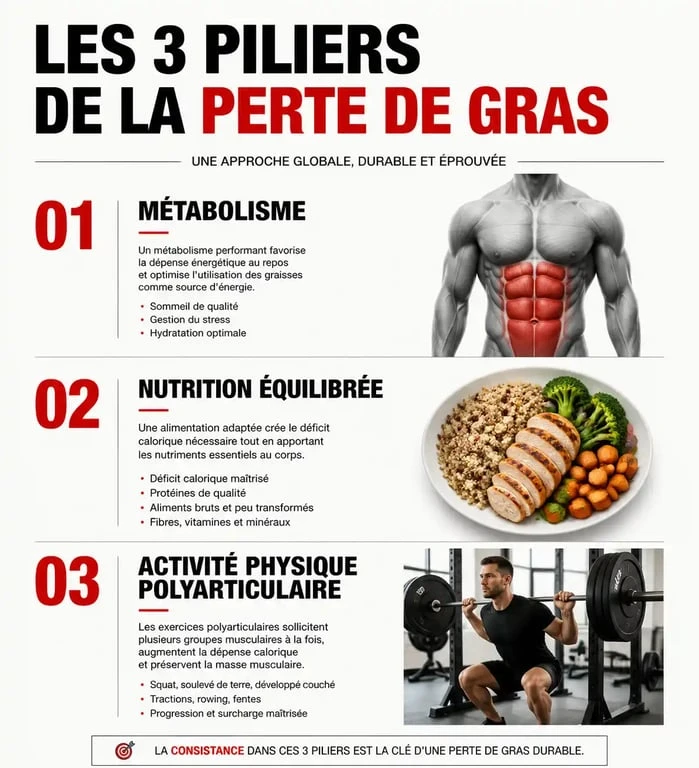 Infographie illustrant les piliers pour perdre des cuisses et du ventre : métabolisme, nutrition et sport.