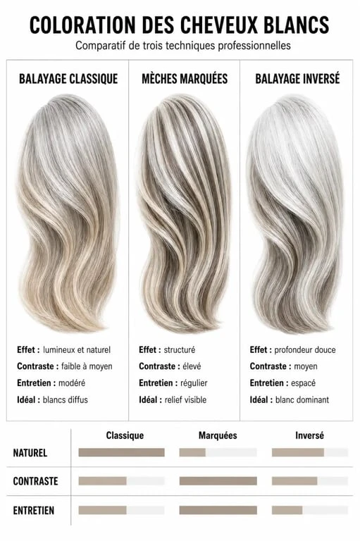 Infographie comparative des techniques de balayage sur cheveux blancs : classique, mèches et inversé pour un résultat naturel.