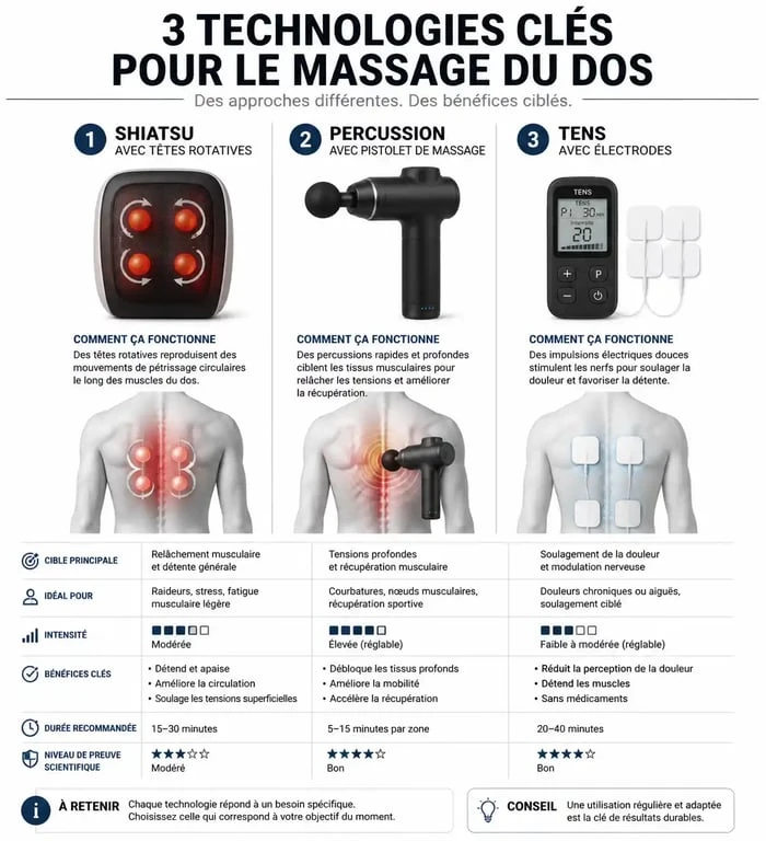 Infographie comparative des technologies d'appareil de massage pour le dos : Shiatsu, percussion et TENS