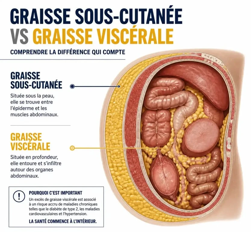 Schéma illustrant la différence entre graisse sous-cutanée et graisse viscérale pour enlever les graisses du ventre