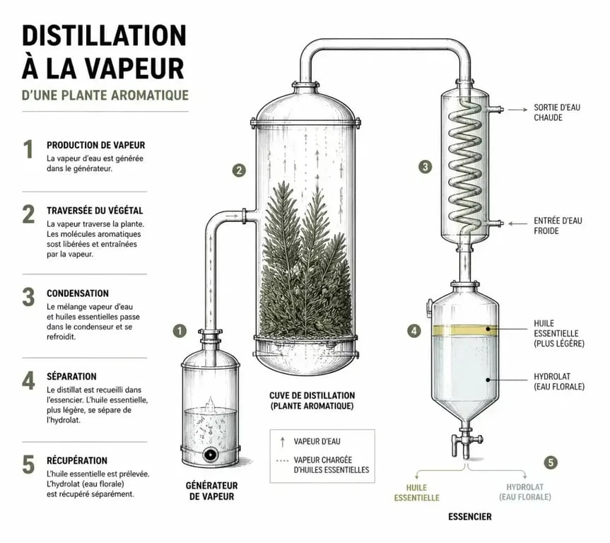 Schéma du processus de distillation à la vapeur pour obtenir une huile essentielle en aromathérapie