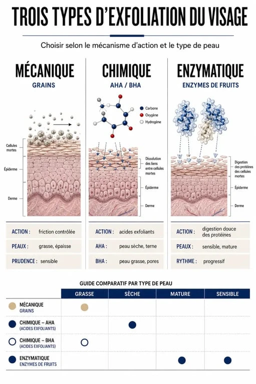 Infographie comparative des types de gommage visage pour choisir le meilleur gommage visage selon son type de peau