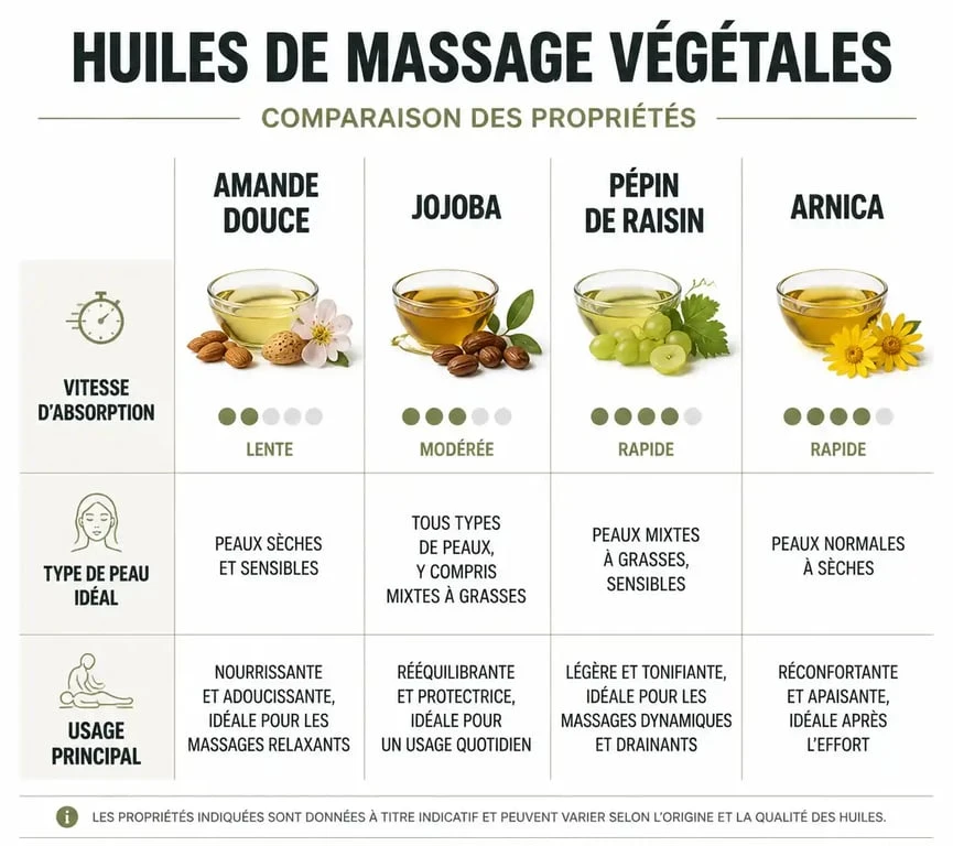 Infographie comparative des meilleures huiles de massage selon le type de peau et l'usage