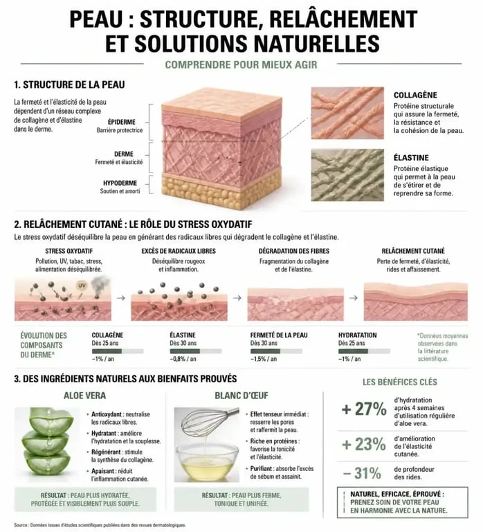 Infographie expliquant les causes du relâchement cutané et les bienfaits des remèdes de grand-mère pour raffermir la peau naturellement.