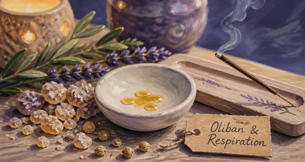 Huile essentielle encens bienfaits : coupelle d’oliban et peau