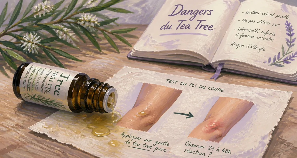 huile essentielle tea tree danger flacon renversé et test pli du coude