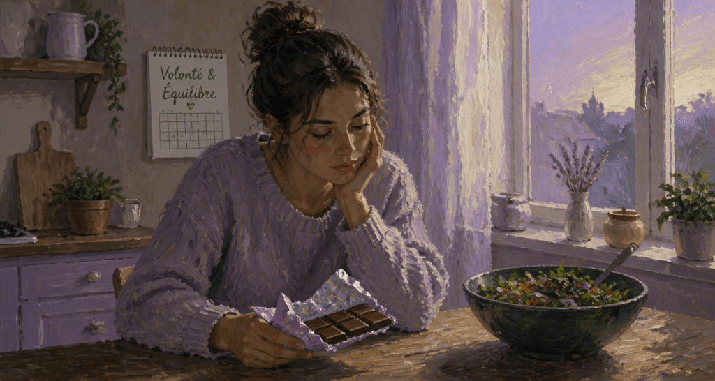 je veux maigrir mais je n ai aucune volonte femme regarde chocolat salade