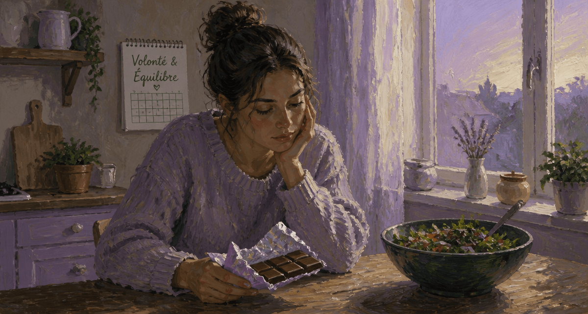 je veux maigrir mais je n ai aucune volonte femme regarde chocolat salade