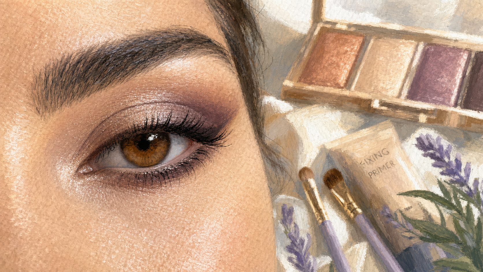 Maquillage yeux marron pour mariage : œil marron avec ombres cuivrées, champagne et prune