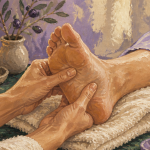 Masse les pieds sur serviette crème, ambiance relaxante