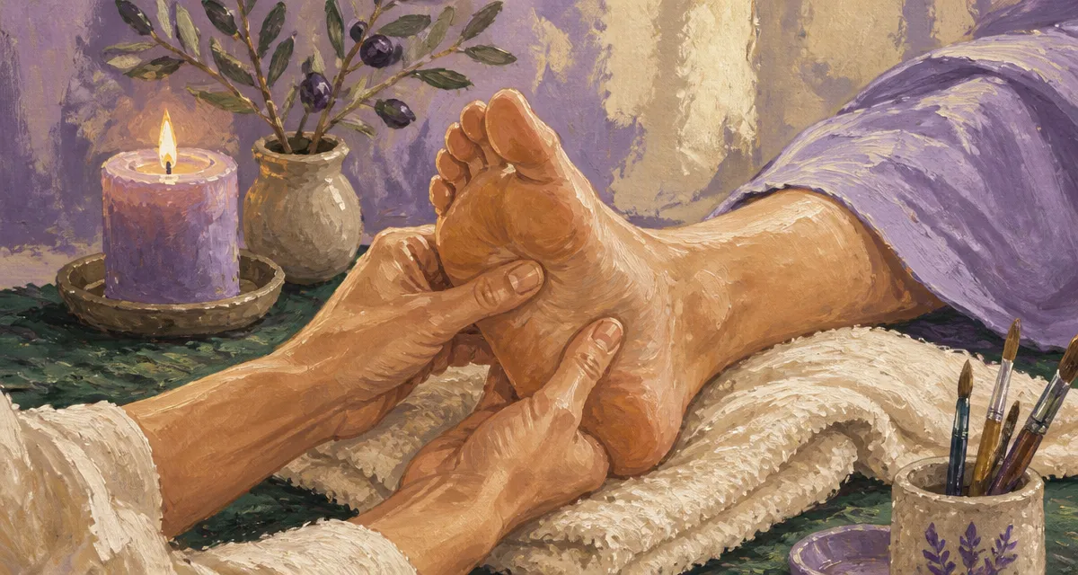 Masse les pieds sur serviette crème, ambiance relaxante