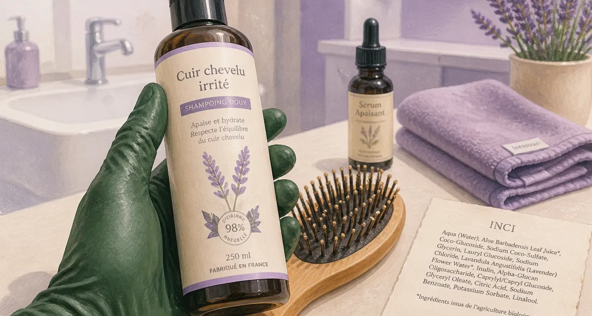 Meilleur shampoing cuir chevelu irrité à la lavande, main tenant un shampoing