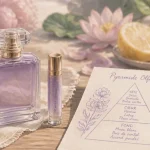 Parfum eclat de femme : flacon élégant et roll-on sur fond crème, décor floral