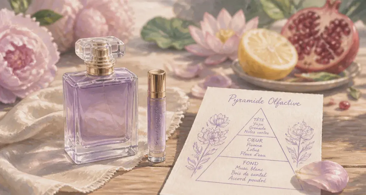 Parfum eclat de femme : flacon élégant et roll-on sur fond crème, décor floral