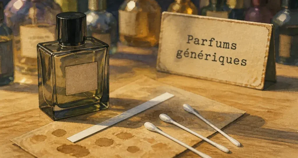 Parfums generiques : flacon de parfum générique sur table avec tests