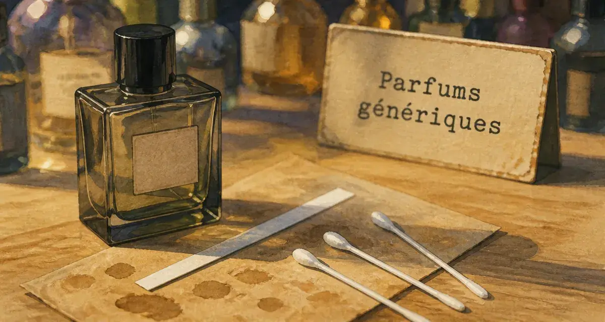 Parfums generiques : flacon de parfum générique sur table avec tests