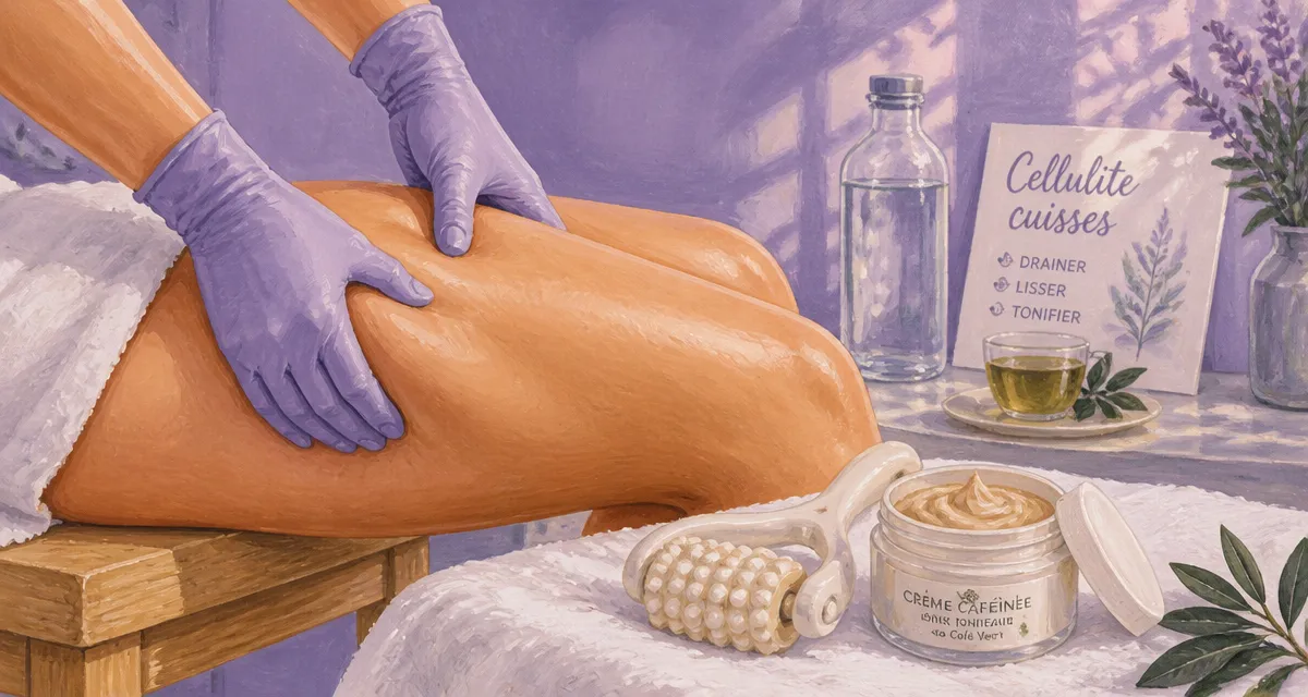 Perdre cellulite des cuisses : palper-rouler sur cuisse avec crème