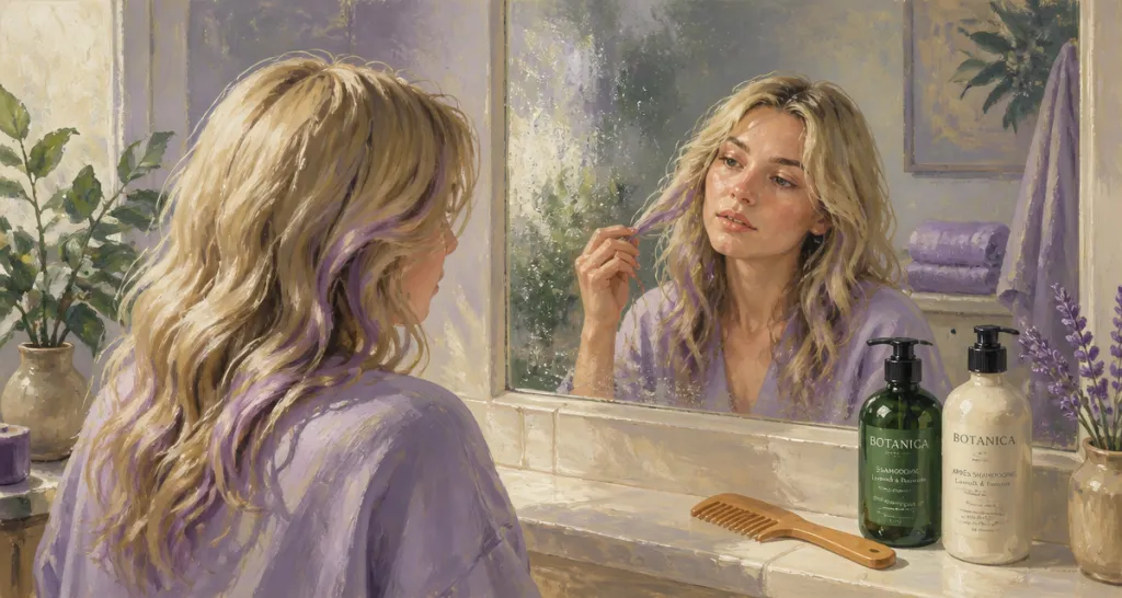 Reflet violet cheveux femme blonde miroir