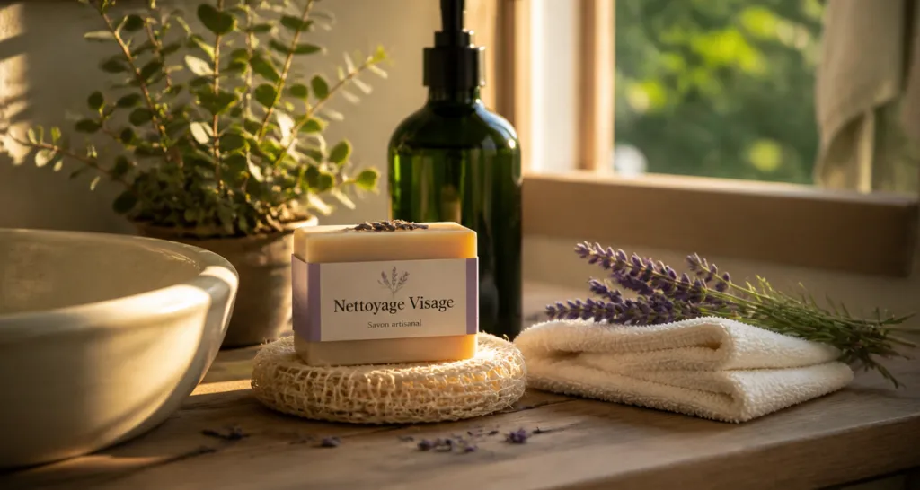 savon nettoyage visage sur porte-savon luffa