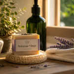 savon nettoyage visage sur porte-savon luffa