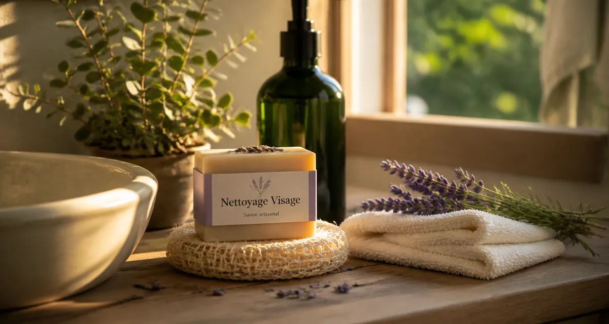 savon nettoyage visage sur porte-savon luffa