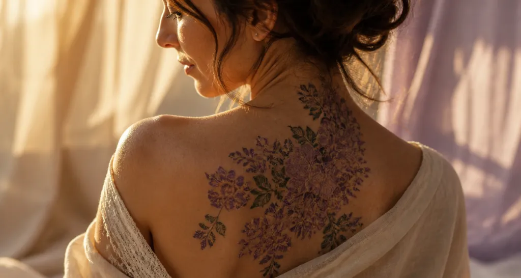 tatouage décolleté femme floral lavande