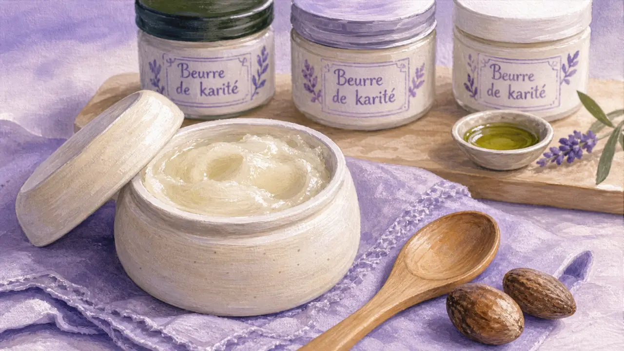 Bienfaits beurre de karité : pot, amandes et peau sèche, cheveux crépus