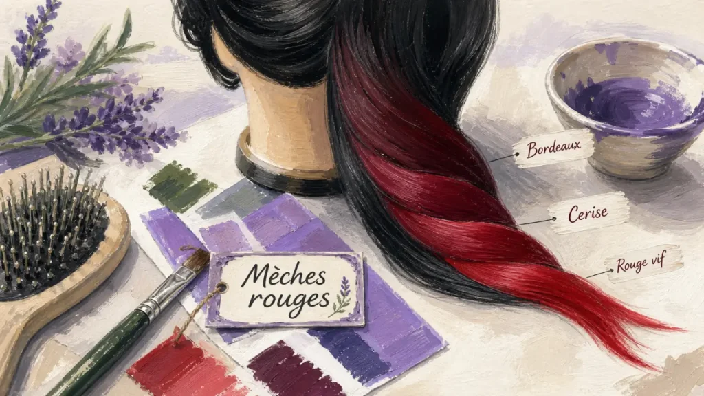 Cheveux noirs et mèches rouges : choisir la bonne nuance, décolorer juste ce qu’il faut et garder la couleur nette
