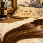 Couleur de cheveux noisette caramel : mèche brillante