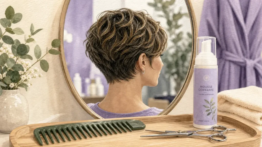 Coupe cheveux court ondulé dégradé : pixie bob ou shag, nuque dégagée