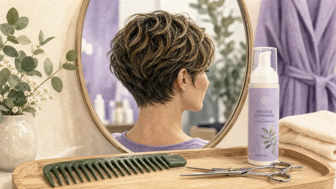Coupe cheveux court ondulé dégradé : pixie bob ou shag, nuque dégagée