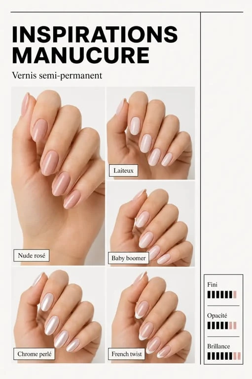 Modèle vernis semi permanent avec inspirations nude, baby boomer, chrome et french twist