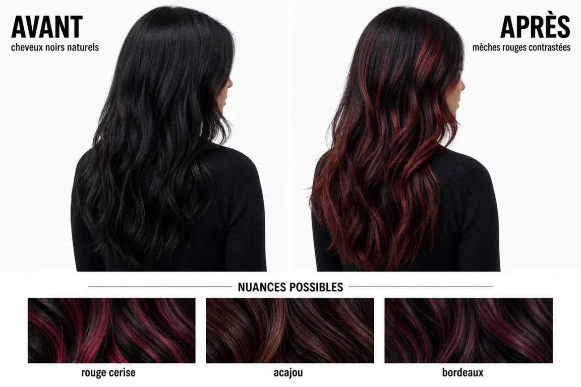 Mèches rouge sur cheveux noir : avant/après et nuances possibles