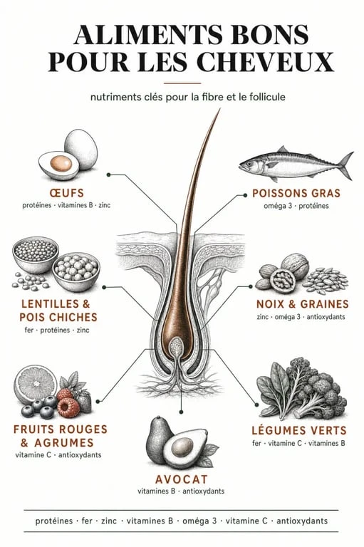 Les aliments bon pour les cheveux : infographie des nutriments clés et de leurs effets sur la fibre capillaire