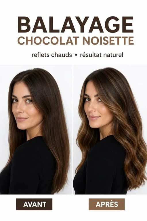 Balayage chocolat noisette sur cheveux bruns avec reflets chauds et effet fondu naturel