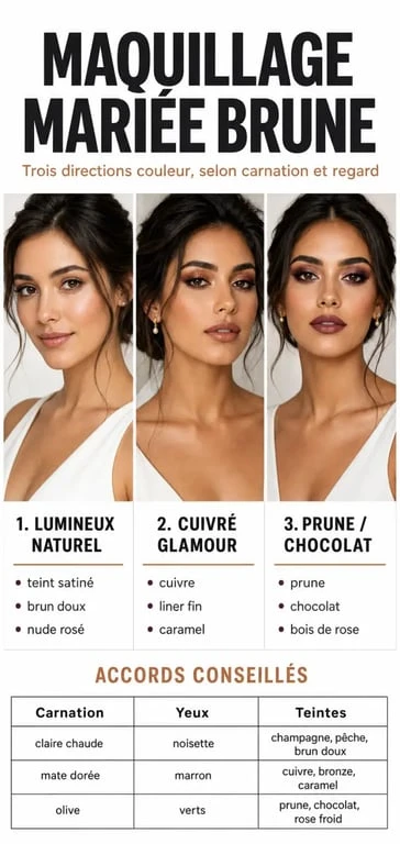 Maquillage pour mariée brune : inspirations de looks selon la carnation, les yeux et les teintes conseillées