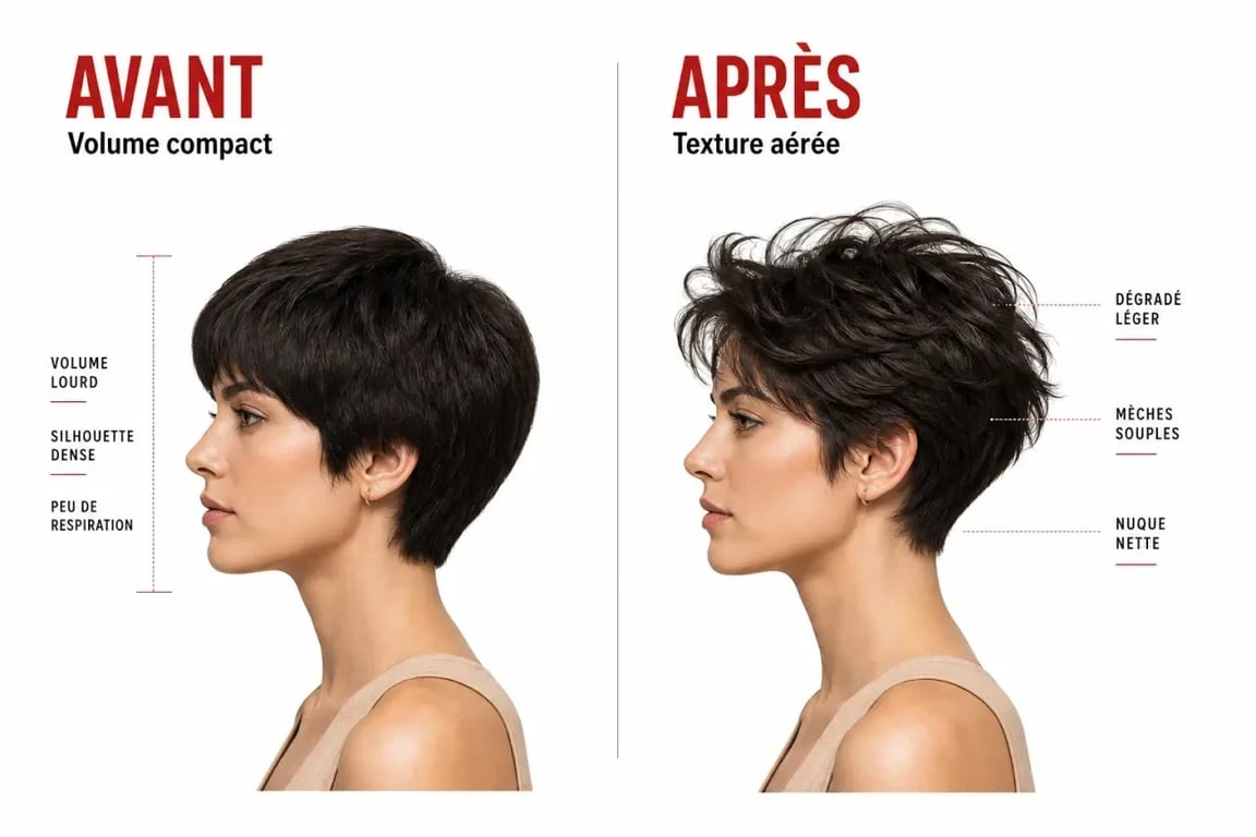 Effet décoiffé femme coupe courte cheveux épais et volumineux, avant/après d’une coupe texturisée