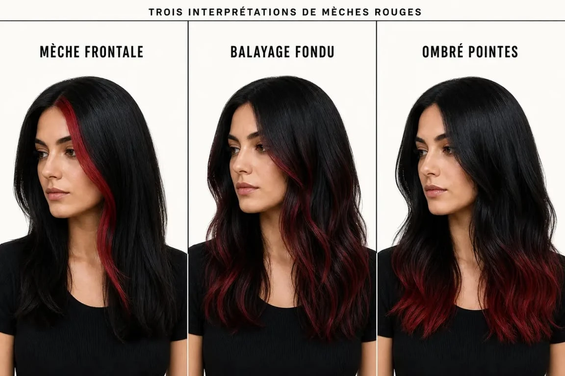 Cheveux noir meche rouge : illustration comparative de trois styles de mèches rouges sur base noire