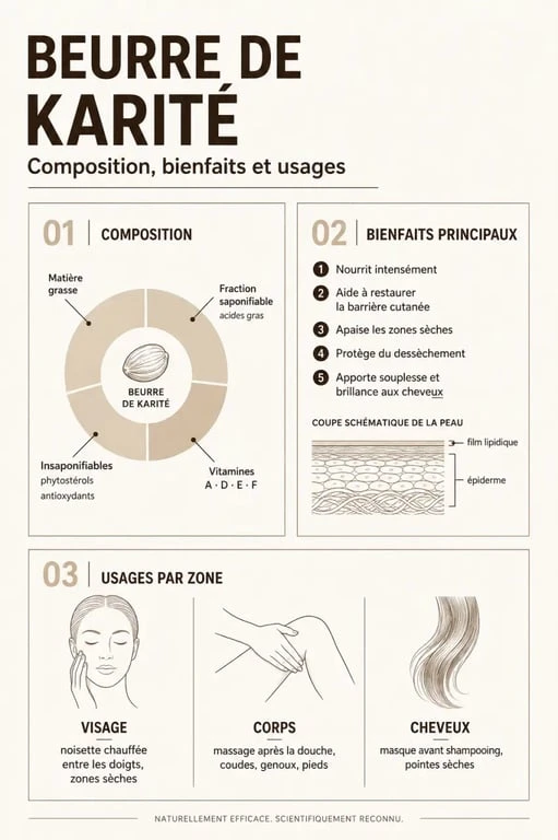 Infographie sur les bienfaits beurre de karité : composition, usages pour la peau et les cheveux