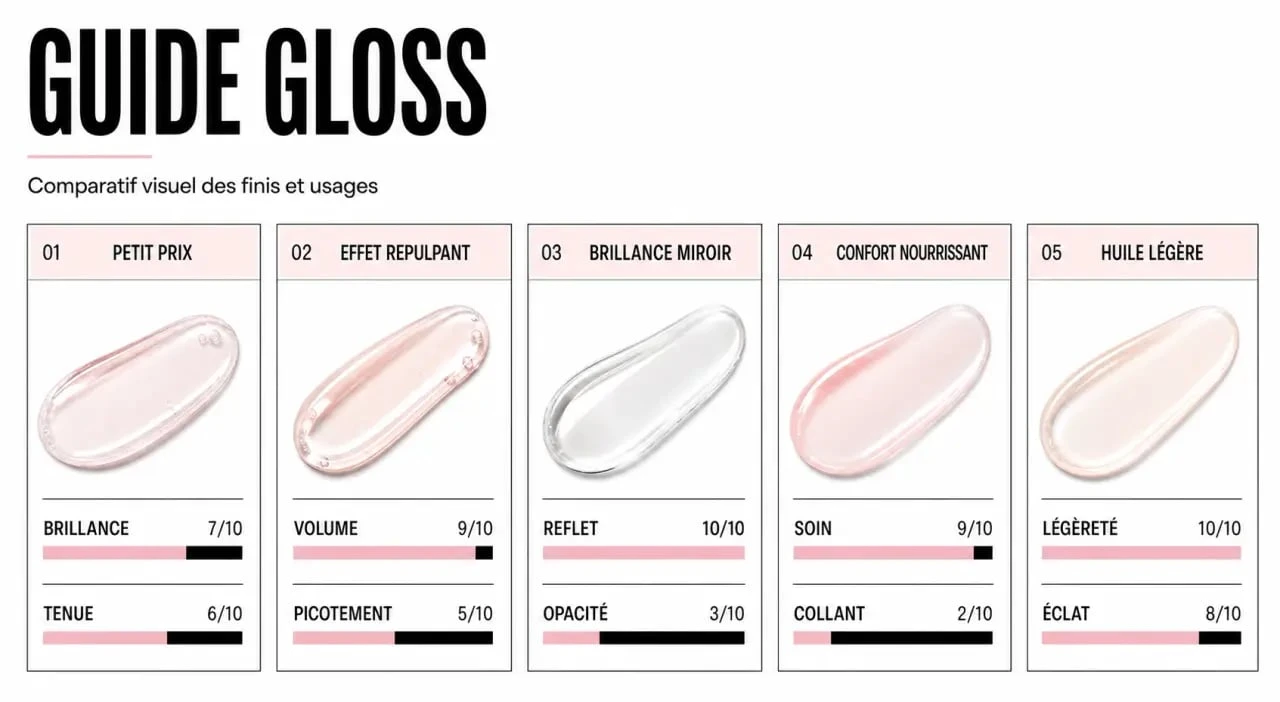 Meilleur gloss : comparatif visuel des gloss pour les lèvres selon la brillance, l'hydratation, la tenue et le budget