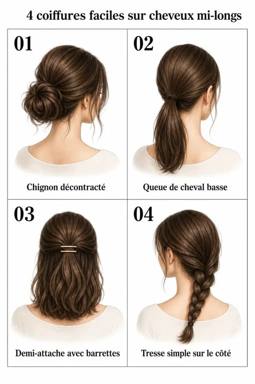 Coiffures cheveux mi longs faciles : chignon décontracté, queue de cheval basse, demi-attache et tresse sur le côté