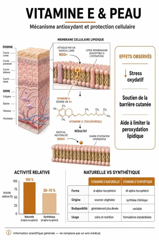 Infographie sur les bienfaits de la vitamine E pour la peau et comparaison entre formes naturelles et synthétiques