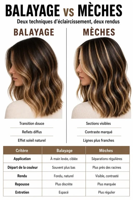 Différence balayage et mèches en infographie comparative montrant le rendu, la repousse et l'entretien